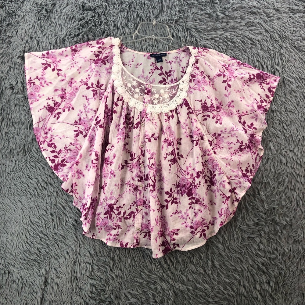 Bandolino Blouse Womens Large Lace Trim Collar Flowery Floral Shirt